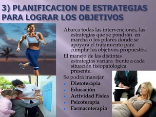Abarca todas las intervenciones, las
estrategias que se pondrán en
marcha o los pilares donde se
apoyara el tratamiento para
cumplir los objetivos propuestos.
El manejo de las distintas
estrategias variara frente a cada
situación fisiopatologica
presente.
Se podrá manejar
Dietoterapia
Educación
Actividad Física
Psicoterapia
Farmacoterapia
 