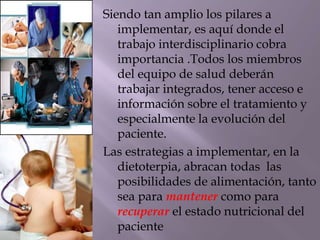 Siendo tan amplio los pilares a
implementar, es aquí donde el
trabajo interdisciplinario cobra
importancia .Todos los miembros
del equipo de salud deberán
trabajar integrados, tener acceso e
información sobre el tratamiento y
especialmente la evolución del
paciente.
Las estrategias a implementar, en la
dietoterpia, abracan todas las
posibilidades de alimentación, tanto
sea para mantener como para
recuperar el estado nutricional del
paciente
 