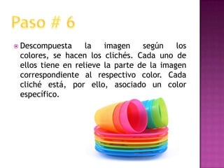 Descompuesta la imagen según los colores, se hacen los clichés. Cada uno de ellos tiene en relieve la parte de la imagen correspondiente al respectivo color. Cada cliché está, por ello, asociado un color específico.Paso # 6