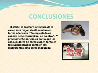 El sabor, el aroma y la textura de la carne será mejor si está madura en forma adecuada ."En ese estado es cuando debe consumirse, no en otro“,. Y precisamente por eso es por lo que los consumidores de carne exigen tanto en los supermercados como en los restaurantes, una carne madurada.  CONCLUSIONES   