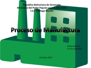 Republica Bolivariana de Venezuela
Ministerio Del Poder Popular para la Educación
I.U.P Santiago Mariño
Elaborado por:
Torres Getzabel
Octubre 2014
 
