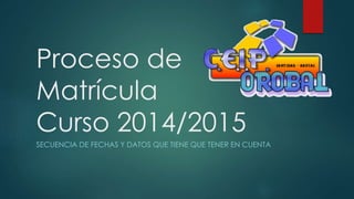 Proceso de
Matrícula
Curso 2015/2016
SECUENCIA DE FECHAS Y DATOS QUE TIENE QUE TENER EN CUENTA
 