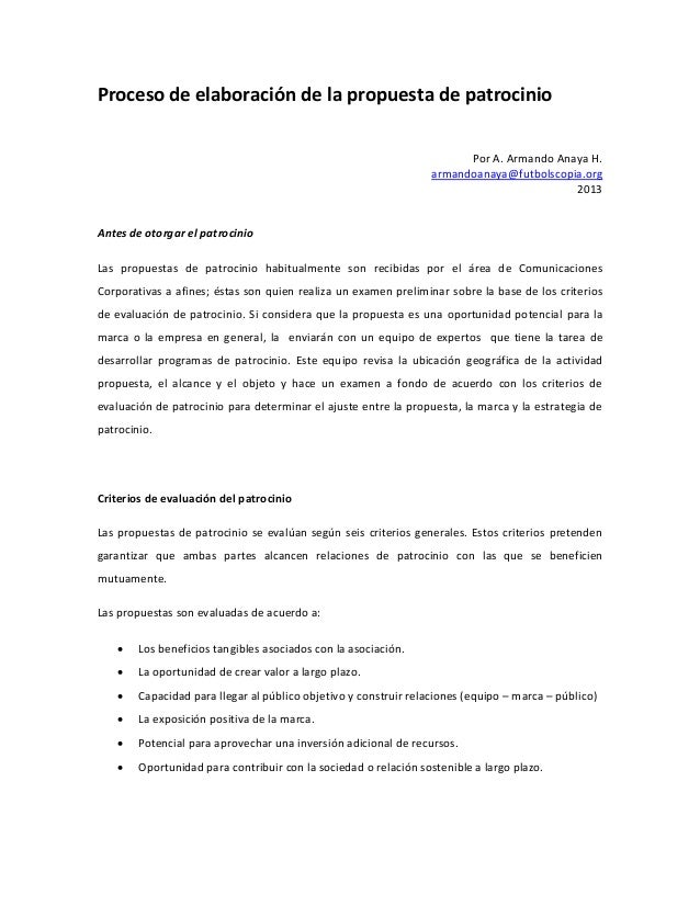 PROCESO DE ELABORACIÓN DE LA PROPUESTA DE PATROCINIO PROCESO DE ELABORACIÓN DE LA PROPUESTA DE PATROCINIO