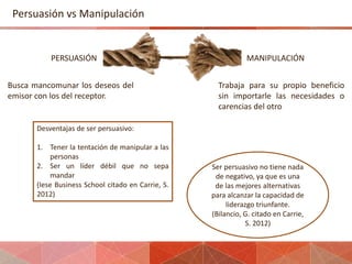 Persuasión vs Manipulación
PERSUASIÓN MANIPULACIÓN
Busca mancomunar los deseos del
emisor con los del receptor.
Trabaja pa...