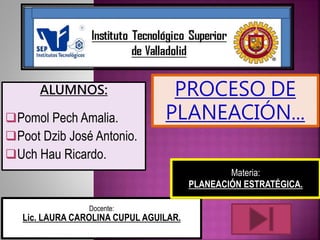 ALUMNOS:
Pomol Pech Amalia.
Poot Dzib José Antonio.
Uch Hau Ricardo.
Docente:
Lic. LAURA CAROLINA CUPUL AGUILAR.
Materia:
PLANEACIÓN ESTRATÉGICA.
PROCESO DE
PLANEACIÓN...
 