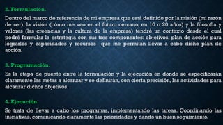 2. Formulación.
Dentro del marco de referencia de mi empresa que está definido por la misión (mi razón
de ser), la visión (cómo me veo en el futuro cercano, en 10 o 20 años) y la filosofía y
valores (las creencias y la cultura de la empresa) tendré un contexto desde el cual
podré formular la estrategia con sus tres componentes: objetivos, plan de acción para
lograrlos y capacidades y recursos que me permitan llevar a cabo dicho plan de
acción.
3. Programación.
Es la etapa de puente entre la formulación y la ejecución en donde se especificarán
claramente las metas a alcanzar y se definirán, con cierta precisión, las actividades para
alcanzar dichos objetivos.
4. Ejecución.
Se trata de llevar a cabo los programas, implementando las tareas. Coordinando las
iniciativas, comunicando claramente las prioridades y dando un buen seguimiento.
 