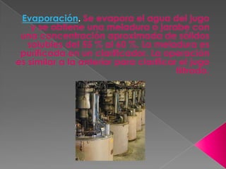 Evaporación. Se evapora el agua del jugo y se obtiene una meladura o jarabe con una concentración aproximada de sólidos solubles del 55 % al 60 %. La meladura es purificada en un clarificador. La operación es similar a la anterior para clarificar el jugo filtrado. 
