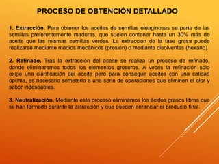 PROCESO DE OBTENCIÓN DETALLADO 
1. Extracción. Para obtener los aceites de semillas oleaginosas se parte de las 
semillas preferentemente maduras, que suelen contener hasta un 30% más de 
aceite que las mismas semillas verdes. La extracción de la fase grasa puede 
realizarse mediante medios mecánicos (presión) o mediante disolventes (hexano). 
2. Refinado. Tras la extracción del aceite se realiza un proceso de refinado, 
donde eliminaremos todos los elementos groseros. A veces la refinación sólo 
exige una clarificación del aceite pero para conseguir aceites con una calidad 
óptima, es necesario someterlo a una serie de operaciones que eliminen el olor y 
sabor indeseables. 
3. Neutralización. Mediante este proceso eliminamos los ácidos grasos libres que 
se han formado durante la extracción y que pueden enranciar el producto final. 
 