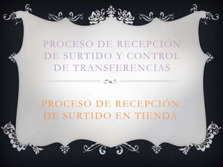 PROCESO DE RECEPCIÓN
DE SURTIDO Y CONTROL
DE TRANSFERENCIAS
PROCESO DE RECEPCIÓN
DE SURTIDO EN TIENDA
 