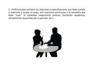 1.- Perfil buscado: contiene los requisitos o especificaciones que debe cumplir
el aspirante a ocupar el cargo. Son requisitos extrínsecos a la compañía que
debe "traer" el candidato (experiencia anterior, formación académica,
competencias requeridas por la posición, etc.).
 