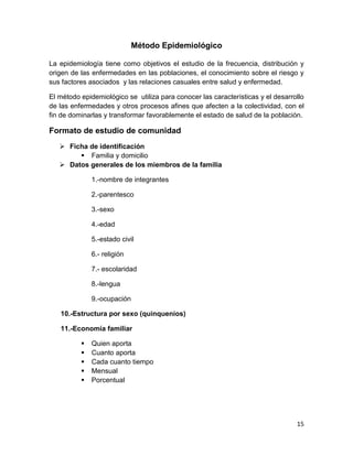 15 
Método Epidemiológico 
La epidemiología tiene como objetivos el estudio de la frecuencia, distribución y origen de las enfermedades en las poblaciones, el conocimiento sobre el riesgo y sus factores asociados y las relaciones casuales entre salud y enfermedad. 
El método epidemiológico se utiliza para conocer las características y el desarrollo de las enfermedades y otros procesos afines que afecten a la colectividad, con el fin de dominarlas y transformar favorablemente el estado de salud de la población. 
Formato de estudio de comunidad 
 Ficha de identificación 
 Familia y domicilio 
 Datos generales de los miembros de la familia 
1.-nombre de integrantes 
2.-parentesco 
3.-sexo 
4.-edad 
5.-estado civil 
6.- religión 
7.- escolaridad 
8.-lengua 
9.-ocupación 
10.-Estructura por sexo (quinquenios) 
11.-Economía familiar 
 Quien aporta 
 Cuanto aporta 
 Cada cuanto tiempo 
 Mensual 
 Porcentual 
 