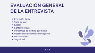 EVALUACIÓN GENERAL
DE LA ENTREVISTA
Expresión facial
Tono de voz
Gestos
Contacto visual
Porcentaje de tiempo que habla
Obtención de información negativa
Personalidad
Seguridad
 