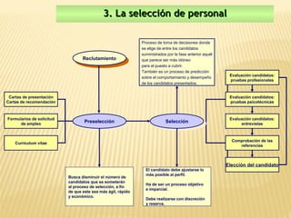 3. La selección de personal

                                                              Proceso de toma de decisiones donde
                                                              se elige de entre los candidatos
                                                              suministrados por la fase anterior aquél
                                  Reclutamiento               que parece ser más idóneo
                                   Reclutamiento
                                                              para el puesto a cubrir.
                                                              También es un proceso de predicción
                                                                                                          Evaluación candidatos:
                                                              sobre el comportamiento y desempeño
                                                                                                          pruebas profesionales
                                                              de los candidatos presentados.


 Cartas de presentación                                                                                   Evaluación candidatos:
Cartas de recomendación                                                                                   pruebas psicotécnicas



Formularios de solicitud                                                                                  Evaluación candidatos:
                                   Preselección                            Selección
      de empleo                     Preselección                            Selección                           entrevistas



                                                                                                           Comprobación de las
    Curriculum vitae
                                                                                                              referencias



                                                                                                         Elección del candidato
                                                                El candidato debe ajustarse lo
                                                                más posible al perfil.
                           Busca disminuir el número de
                           candidatos que se someterán
                                                                Ha de ser un proceso objetivo
                           al proceso de selección, a fin
                                                                e imparcial.
                           de que este sea más ágil, rápido
                           y económico.
                                                                Debe realizarse con discreción
                                                                y reserva.
 