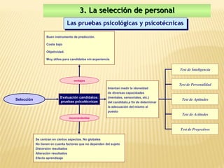 3. La selección de personal
                                   Las pruebas psicológicas y psicotécnicas
                                   Las pruebas psicológicas y psicotécnicas
                    Buen instrumento de predicción.

                    Coste bajo

                    Objetividad.

                    Muy útiles para candidatos sin experiencia


                                                                                                Test de Inteligencia

                                      ventajas
                                                                                                Test de Personalidad
                                                            Intentan medir la idoneidad
                                                            de diversas capacidades
                             Evaluación candidatos:         (mentales, sensoriales, etc.)
Selección                     Evaluación candidatos:                                             Test de Aptitudes
 Selección                   pruebas psicotécnicas          del candidato,a fin de determinar
                              pruebas psicotécnicas
                                                            la adecuación del mismo al
                                                            puesto
                                                                                                 Test de Actitudes
                                   inconvenientes



                                                                                                Test de Proyectivos

             Se centran en ciertos aspectos. No globales
             No tienen en cuenta factores que no dependen del sujeto
             Distorsión resultados
             Alteración resultados
             Efecto aprendizaje
 