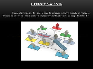 1. PUESTO VACANTE
Independientemente del tipo o giro de empresa siempre cuando se realice el
proceso de selección debe iniciar con un puesto vacante, el cual no es ocupado por nadie.

 