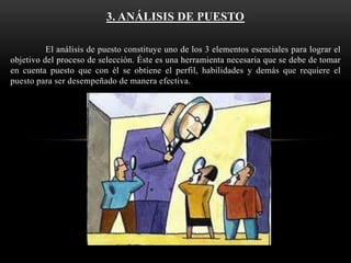 3. ANÁLISIS DE PUESTO
El análisis de puesto constituye uno de los 3 elementos esenciales para lograr el
objetivo del proceso de selección. Éste es una herramienta necesaria que se debe de tomar
en cuenta puesto que con él se obtiene el perfil, habilidades y demás que requiere el
puesto para ser desempeñado de manera efectiva.

 