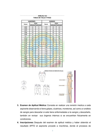 7
3. Examen de Aptitud Médica: Consiste en realizar una revisión medica a cada
aspirante observando si tiene golpes, cicatrices, moretones, así como un análisis
de sangre para descartar si este tiene enfermedades a la sangre y descartarlo,
también en revisar sus órganos internos si se encuentran físicamente en
condiciones.
4. Inscripciones: Después del examen de aptitud médica y haber obtenido el
resultado APTO el aspirante procede a inscribirse, donde el procesos de
 