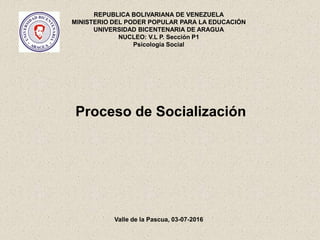 REPUBLICA BOLIVARIANA DE VENEZUELA
MINISTERIO DEL PODER POPULAR PARA LA EDUCACIÓN
UNIVERSIDAD BICENTENARIA DE ARAGUA
NUCLEO: V.L P. Sección P1
Psicología Social
Proceso de Socialización
Valle de la Pascua, 03-07-2016
 