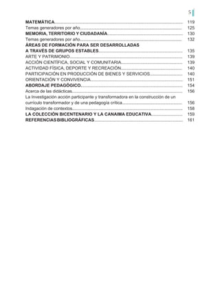 5
MATEMÁTICA...........................................................................................................
Temas generadores por año.....................................................................................
MEMORIA, TERRITORIO Y CIUDADANÍA...............................................................
Temas generadores por año.....................................................................................
ÁREAS DE FORMACIÓN PARA SER DESARROLLADAS
A TRAVÉS DE GRUPOS ESTABLES......................................................................
ARTE Y PATRIMONIO..............................................................................................
ACCIÓN CIENTÍFICA, SOCIAL Y COMUNITARIA...................................................
ACTIVIDAD FÍSICA, DEPORTE Y RECREACIÓN...................................................
PARTICIPACIÓN EN PRODUCCIÓN DE BIENES Y SERVICIOS...........................
ORIENTACIÓN Y CONVIVENCIA.............................................................................
ABORDAJE PEDAGÓGICO.....................................................................................
Acerca de las didácticas............................................................................................
La Investigación acción participante y transformadora en la construcción de un
currículo transformador y de una pedagogía crítica..................................................
Indagación de contextos............................................................................................
LA COLECCIÓN BICENTENARIO Y LA CANAIMA EDUCATIVA..........................
REFERENCIASBIBLIOGRÁFICAS..........................................................................
119
125
130
132
135
139
139
140
140
151
154
156
156
158
159
161
 