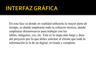 En esta fase es donde en realidad utilizarás la mayor parte de
tiempo, es donde emplearás todo tu esfuerzo técnico, donde
emplearas dreamweaver para trabajar con las
tablas, imágenes, css, etc. Esta es la etapa más larga y dura
del proyecto por lo que debes solicitar al cliente que toda la
información te la de en digital, revisada y completa.
 