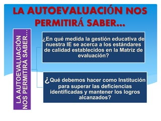LAAUTOEVALUACIÓN
NOSPERMITIRÁSABER…
¿En qué medida la gestión educativa de
nuestra IE se acerca a los estándares
de calidad establecidos en la Matriz de
evaluación?
¿Qué debemos hacer como Institución
para superar las deficiencias
identificadas y mantener los logros
alcanzados?
LA AUTOEVALUACIÓN NOS
PERMITIRÁ SABER…
 