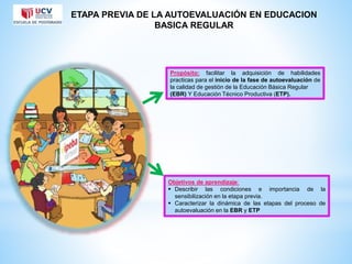 Propósito: facilitar la adquisición de habilidades
practicas para el inicio de la fase de autoevaluación de
la calidad de gestión de la Educación Básica Regular
(EBR) Y Educación Técnico Productiva (ETP).
Objetivos de aprendizaje:
 Describir las condiciones e importancia de la
sensibilización en la etapa previa.
 Caracterizar la dinámica de las etapas del proceso de
autoevaluación en la EBR y ETP
ETAPA PREVIA DE LA AUTOEVALUACIÓN EN EDUCACION
BASICA REGULAR
 