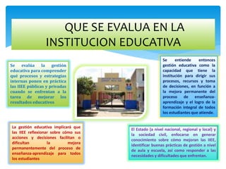 QUE SE EVALUA EN LA
INSTITUCION EDUCATIVA
Se evalúa la gestión
educativa para comprender
qué procesos y estrategias
internas ponen en práctica
las IIEE públicas y privadas
cuando se enfrentan a la
tarea de mejorar los
resultados educativos
La gestión educativa implicará que
las IIEE reflexionar sobre cómo sus
acciones y decisiones facilitan o
dificultan la mejora
permanentemente del proceso de
enseñanza-aprendizaje para todos
los estudiantes
El Estado (a nivel nacional, regional y local) y
la sociedad civil, enfocarse en generar
conocimiento sobre cómo mejoran las IIEE,
identificar buenas prácticas de gestión a nivel
de aula y escuela, así como responder a las
necesidades y dificultades que enfrentan.
Se entiende entonces
gestión educativa como la
capacidad que tiene la
institución para dirigir sus
procesos, recursos y toma
de decisiones, en función a
la mejora permanente del
proceso de enseñanza-
aprendizaje y el logro de la
formación integral de todos
los estudiantes que atiende.
 