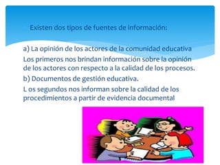  Existen dos tipos de fuentes de información:
a) La opinión de los actores de la comunidad educativa
Los primeros nos brindan información sobre la opinión
de los actores con respecto a la calidad de los procesos.
b) Documentos de gestión educativa.
L os segundos nos informan sobre la calidad de los
procedimientos a partir de evidencia documental
 