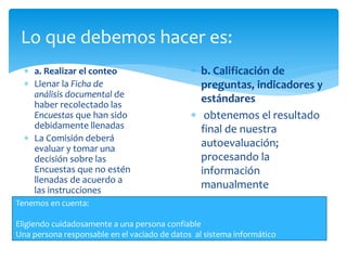 Lo que debemos hacer es:
 a. Realizar el conteo
 Llenar la Ficha de
análisis documental de
haber recolectado las
Encuestas que han sido
debidamente llenadas
 La Comisión deberá
evaluar y tomar una
decisión sobre las
Encuestas que no estén
llenadas de acuerdo a
las instrucciones
 b. Calificación de
preguntas, indicadores y
estándares
 obtenemos el resultado
final de nuestra
autoevaluación;
procesando la
información
manualmente
Tenemos en cuenta:
Eligiendo cuidadosamente a una persona confiable
Una persona responsable en el vaciado de datos al sistema informático
 