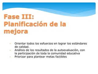 Fase III:
Planificación de la
mejora
• Orientar todos los esfuerzos en lograr los estándares
de calidad.
• Análisis de los resultados de la autoevaluación, con
la participación de toda la comunidad educativa
• Priorizar para plantear metas factibles
 