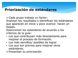 Priorización de estándares
Cada grupo trabaja un factor:
Analizan los resultados e identifican los estándares
que aparecen en inicio y poco avance: hacen un
listado.
Seleccionan los estándares de acuerdo a los
criterios de la guía:
• Los que contribuyen más directamente para
mejorar el proceso de formación.
• Los más sencillos/ posibles de lograr
• Los que son previos para mejorar otros
estándares.
Presentan su priorización
 
