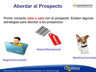 Primer contacto cara a cara con el prospecto. Existen algunas
estrategias para abordar a los prospectos:
Abordar al Prospecto
Administración de Ventas Hair/Anderson/Mehta/Babin Ed. CENCAGE Pag96
Beneficios/Curiosidad
Muestra/Demostración
Elogios/Comunicación
 