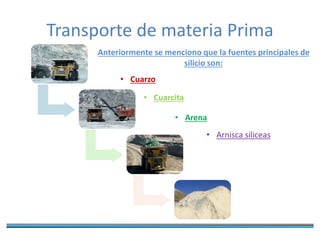 Transporte de materia Prima
Anteriormente se menciono que la fuentes principales de
silicio son:
• Cuarzo
• Cuarcita
• Arena
• Arnisca siliceas
 