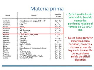 Materia prima
• Difícil su disolución
en el vidrio fundido
cuando las
partículas rebalsa el
tamaño de 0,3 a 0,4
mm
• No se debe permitir
minerales como
corindón, cromita y
distena ya que da
lugar a la formación
de incursiones
solida de difícil
digestión.
 