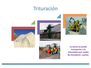 Trituración
La arena se puede
transportar a la
trituradora por medio
de elevadores y grúas.
 