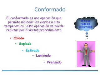 Conformado
El conformado es una operación que
permite moldear los vidrios a alta
temperatura , esta operación se puede
realizar por diversos procedimiento
Yo no se
nada de
conformado
• Colado
• Soplado
• Estirado
• Laminado
• Prensado
 