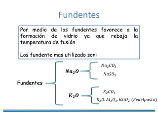 Fundentes
Por medio de los fundentes favorece a la
formación de vidrio ya que rebaja la
temperatura de fusión
Los fundente mas utilizado son:
Fundentes
𝑵𝒂 𝟐 𝑶
𝑲 𝟐 𝑶
𝑁𝑎2 𝐶𝑂3
𝑁𝑎𝑆𝑂3
𝐾2 𝐶𝑂3
𝐾2 𝑂. 𝐴𝑙2 𝑂3. 6𝑆𝑖𝑂2 (𝐹𝑒𝑑𝑒𝑙𝑝𝑎𝑠𝑡𝑜)
 