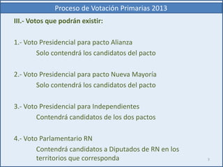 Proceso de Votación Primarias 2013
III.- Votos que podrán existir:
1.- Voto Presidencial para pacto Alianza
Solo contendrá los candidatos del pacto
2.- Voto Presidencial para pacto Nueva Mayoría
Solo contendrá los candidatos del pacto
3.- Voto Presidencial para Independientes
Contendrá candidatos de los dos pactos
4.- Voto Parlamentario RN
Contendrá candidatos a Diputados de RN en los
territorios que corresponda 3
 