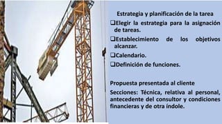 Estrategia y planificación de la tarea
Elegir la estrategia para la asignación
de tareas.
Establecimiento de los objetivos
alcanzar.
Calendario.
Definición de funciones.
Propuesta presentada al cliente
Secciones: Técnica, relativa al personal,
antecedente del consultor y condiciones
financieras y de otra índole.
 