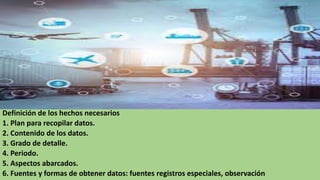 Definición de los hechos necesarios
1. Plan para recopilar datos.
2. Contenido de los datos.
3. Grado de detalle.
4. Periodo.
5. Aspectos abarcados.
6. Fuentes y formas de obtener datos: fuentes registros especiales, observación
 
