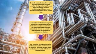 El uso de estos criterios está en todos
los casos sometido al juicio del
consultor de diagnostico: la diferencia
entre los diversos clientes y
ambientes prohíbe una mera
transferencia de datos de una tarea a
otra.
La capacidad del cliente para pagar los
honorarios a tiempo puede ser una
limitación que exija una reducción de
las atribuciones o bien una tarea
intermitente durante un periodo más
largo, depende de los beneficios
estimados en efectivo.
Si el consultor de diagnostico no ha
analizado la cuestión previamente con
el cliente, la dificultad de pago puede
conducir a una revisión del informe
sobre el estudio.
 