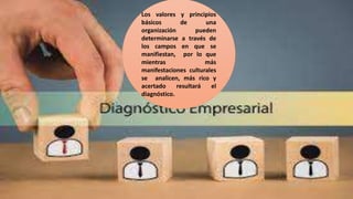 Los valores y principios
básicos de una
organización pueden
determinarse a través de
los campos en que se
manifiestan, por lo que
mientras más
manifestaciones culturales
se analicen, más rico y
acertado resultará el
diagnóstico.
 