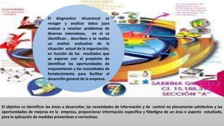 El diagnostico situacional es
recoger y analizar datos para
evaluar y resolver problemas de
diversas naturalezas, en el se
identifican , describen y se realiza
un analisis evaluativo de la
situación actual de la organización,
en función de los resultados que
se esperan con el propósito de
identificar las oportunidades de
mejoramiento y las necesidades de
fortalecimiento para facilitar el
desarrollo general de la empresa.
El objetivo es identificar las áreas a desarrollar, las necesidades de información y de control no plenamente satisfechas y las
oportunidades de mejoras en la empresa, proporcionar información específica y fidedigna de un área o aspecto estudiado,
para la aplicación de medidas preventivas o correctivas.
 