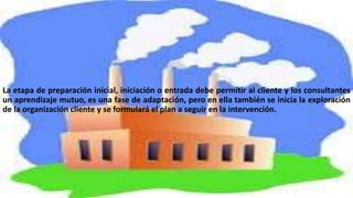 La etapa de preparación inicial, iniciación o entrada debe permitir al cliente y los consultantes
un aprendizaje mutuo, es una fase de adaptación, pero en ella también se inicia la exploración
de la organización cliente y se formulará el plan a seguir en la intervención.
 