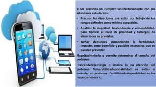 SI los servicios no cumplen satisfactoriamente con los
estándares establecidos
• Precisar las situaciones que están por debajo de los
rangos definidos como mínimo aceptables.
• Analizar la magnitud, trascendencia y vulnerabilidad,
para tipificar el nivel de prioridad y hallazgos de
situaciones no previstas.
• Tomar decisiones considerando la factibilidad,
impacto, costo-beneficio y posibles escenarios que se
puedan presentar.
Magnitud=criterio q permite determinar el tamaño del
problema.
Trascendencia=riesgo q implica la no atención del
problema Vulnerabilidad=probabilidad de evitar o
controlar un problema Factibilidad=disponibilidad de los
recursos necesario.
 