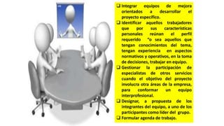 Integrar equipos de mejora
orientados a desarrollar el
proyecto específico.
 Identificar aquellos trabajadores
que por sus características
personales reúnan el perfil
requerido “o sea aquellos que
tengan conocimientos del tema,
tengan experiencia en aspectos
normativos y operativos, en la toma
de decisiones, trabajar en equipo.
 Gestionar la participación de
especialistas de otros servicios
cuando el objetivo del proyecto
involucra otra áreas de la empresa,
para conformar un equipo
interprofesional.
 Designar, a propuesta de los
integrantes del equipo, a uno de los
participantes como líder del grupo.
 Formular agenda de trabajo.
 