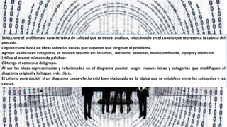 Seleccione el problema o característica de calidad que se desea analizar, colocándolo en el cuadro que representa la cabeza del
pescado.
Organice una lluvia de ideas sobre las causas que suponen que originan el problema.
Agrupe las ideas en categorías, se pueden resumir en: insumos, métodos, personas, medio ambiente, equipo y medición.
Utilice el menor número de palabras
Obtenga el consenso del grupo.
Al ver las ideas representadas y relacionadas en el diagrama pueden surgir nuevas ideas y categorías que modifiquen el
diagrama original y lo hagan más claro.
El criterio para decidir si un diagrama causa-efecto está bien elaborado es la lógica que se establece entre las categorías y las
causas.
 