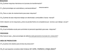 PREGUNTAS ABIERTAS
MAQUINAS
30.¿Cuántas maquinas interviene en el proceso de transformación?
31.¿Qué porcentajes son automáticas y semiautomáticas?
32.¿Tiene un plan de mantenimiento para esas máquinas?
33.¿Cuántas de esas máquinas trabaja con electricidad, combustible o fuerza manual?
34.En relación con la maquinaria ¿cómo se percibe frente a la competencia por encima o por debajo o al par?
PERSONAL
35.¿A qué entidades acude para suministrar el personal capacitado para esas máquinas?
PROCESOS
36.si fuera el caso, ¿Que porcentajes de defectos está generando el proceso de producción?
AREA DE PRODUCCION
37.¿Cuantos (m2) destina para el área de producción?
38.¿En qué aspectos considera debe fortalecer en corto, mediano y largo plazo?
 