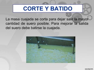 CORTE Y BATIDO
La masa cuajada se corta para dejar salir la mayor
cantidad de suero posible. Para mejorar la salida
del suero debe batirse la cuajada.
CORTE Y BATIDO
 