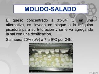 MOLIDO-SALADO
El queso concentrado a 33-34º C, en una
alternativa, es llevado en bloque a la máquina
picadora para su trituración y se le va agregando
la sal con una dosificación.
Salmuera 20% (p/v) a 7 a 9ºC por 24h.
MOLIDO-SALADO
 